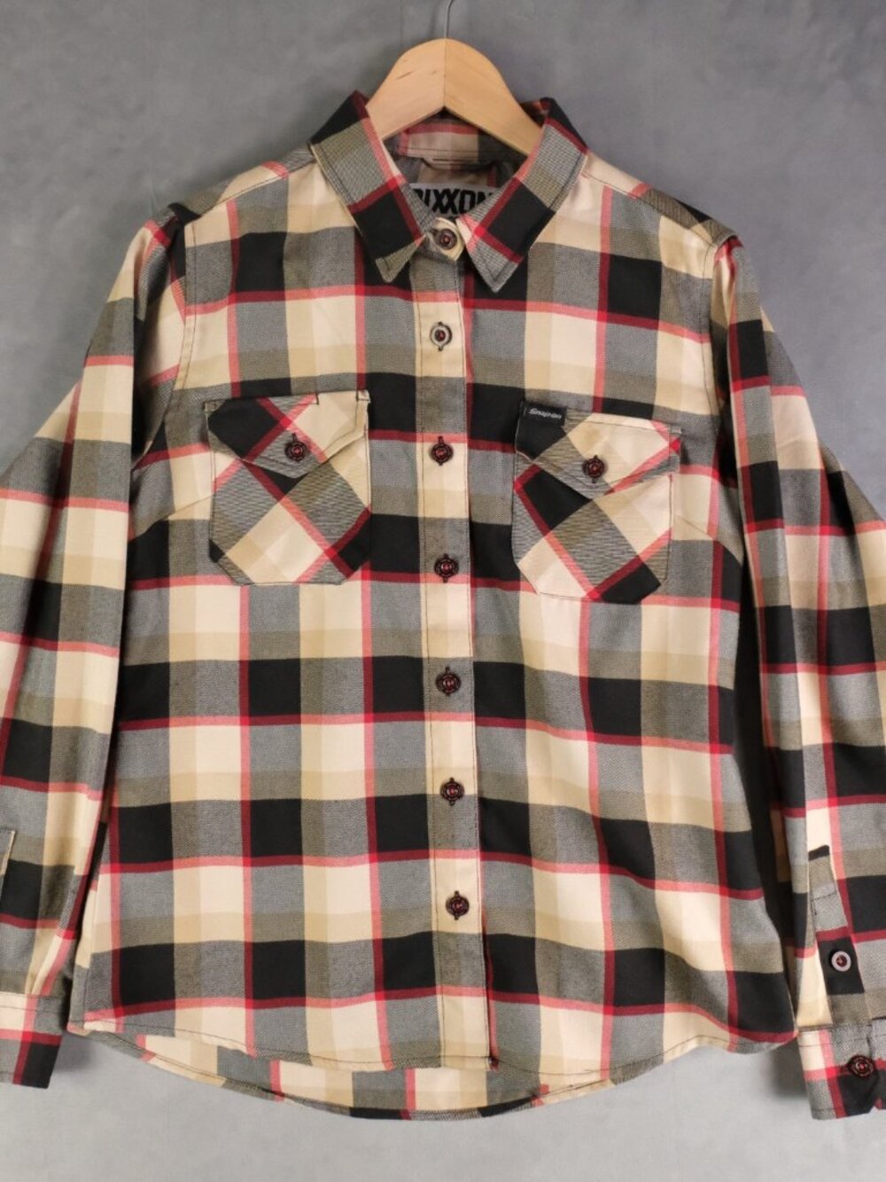 Dixxon Flannel Shirt Womens Medium Beige Black Plaid Button Up D Tech Snap On